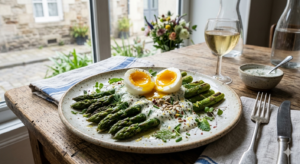 Asperges vertes & œufs mollets, sauce légère au yaourt​- Les 3 fermes