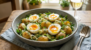 Salade tiède pommes de terre, œufs & oignons nouveaux - Les 3 Fermes