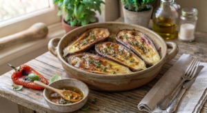 Aubergines rôties au miel & thym - les 3 fermes