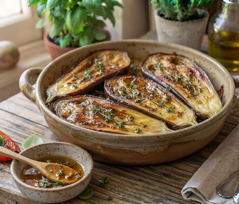 Aubergines rôties au miel & thym - les 3 fermes