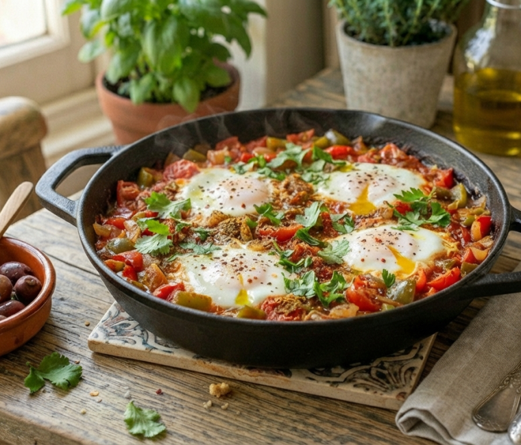 Chakchouka aux tomates, poivrons et œufs - les 3 fermes