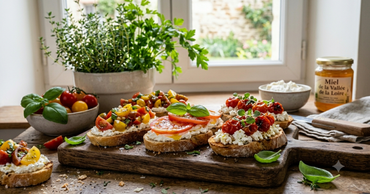 Les 3 Fermes - Recettes canicule - Bruschettas tomates, basilic & fromage frais