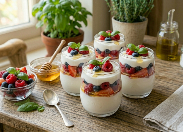 Les 3 fermes - recettes sucrées canicule - Verrines fromage blanc, miel & fruits rouges
