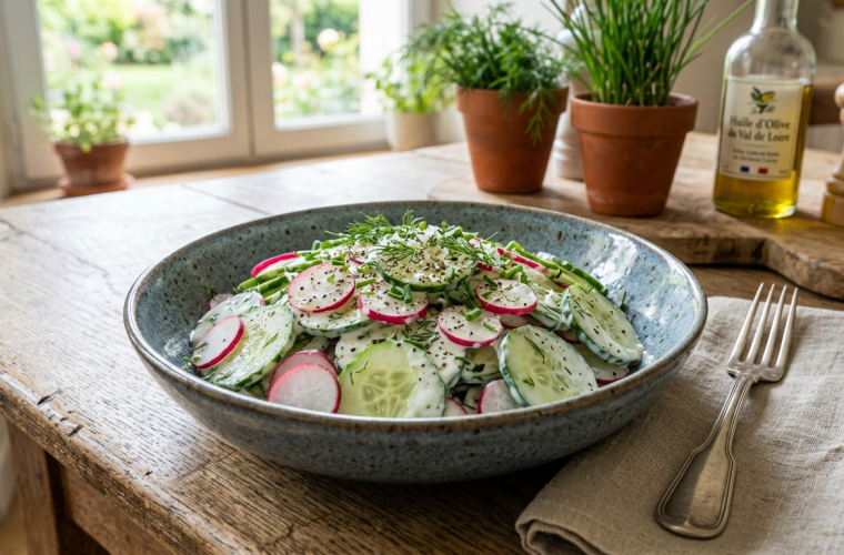 Salade concombre, radis & sauce au yaourt - les 3 fermes