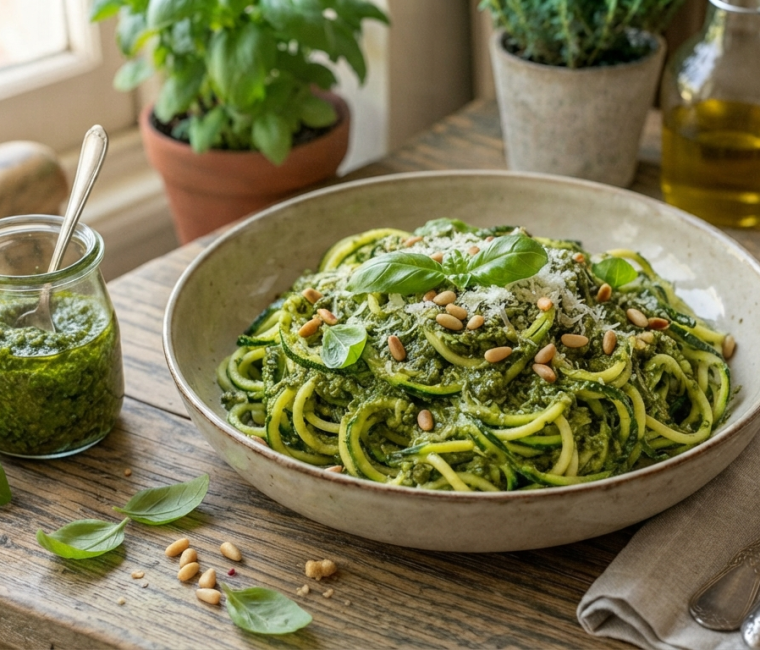 Spaghettis de courgettes au pesto maison - les 3 fermes