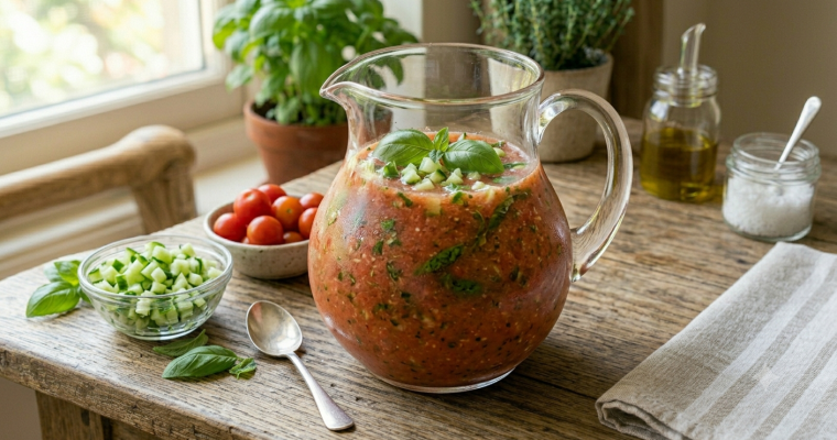 les 3 fermes - recettes canicule - Gaspacho tomates, concombre & basilic