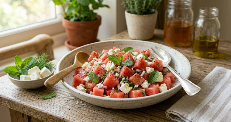 les 3 fermes - recettes canicule - Salade pastèque, feta & menthe