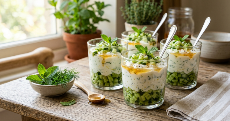 les 3 fermes - recettes canicule - Verrines concombre, yaourt & miel