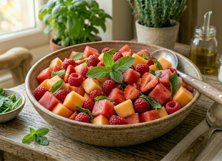 les 3 fermes - recettes sucrées canicule - Salade de fruits d'été à la menthe