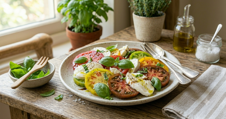 les 3 fermes - recetttes canicule - Salade de tomates anciennes & mozzarella fermière